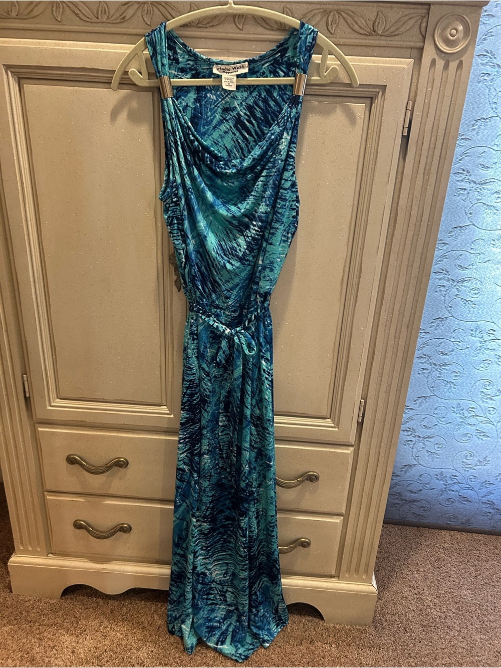 Blue Cowl Neck Sleeveless Maxi Dress Studio West Apparel size M. Gold accent on